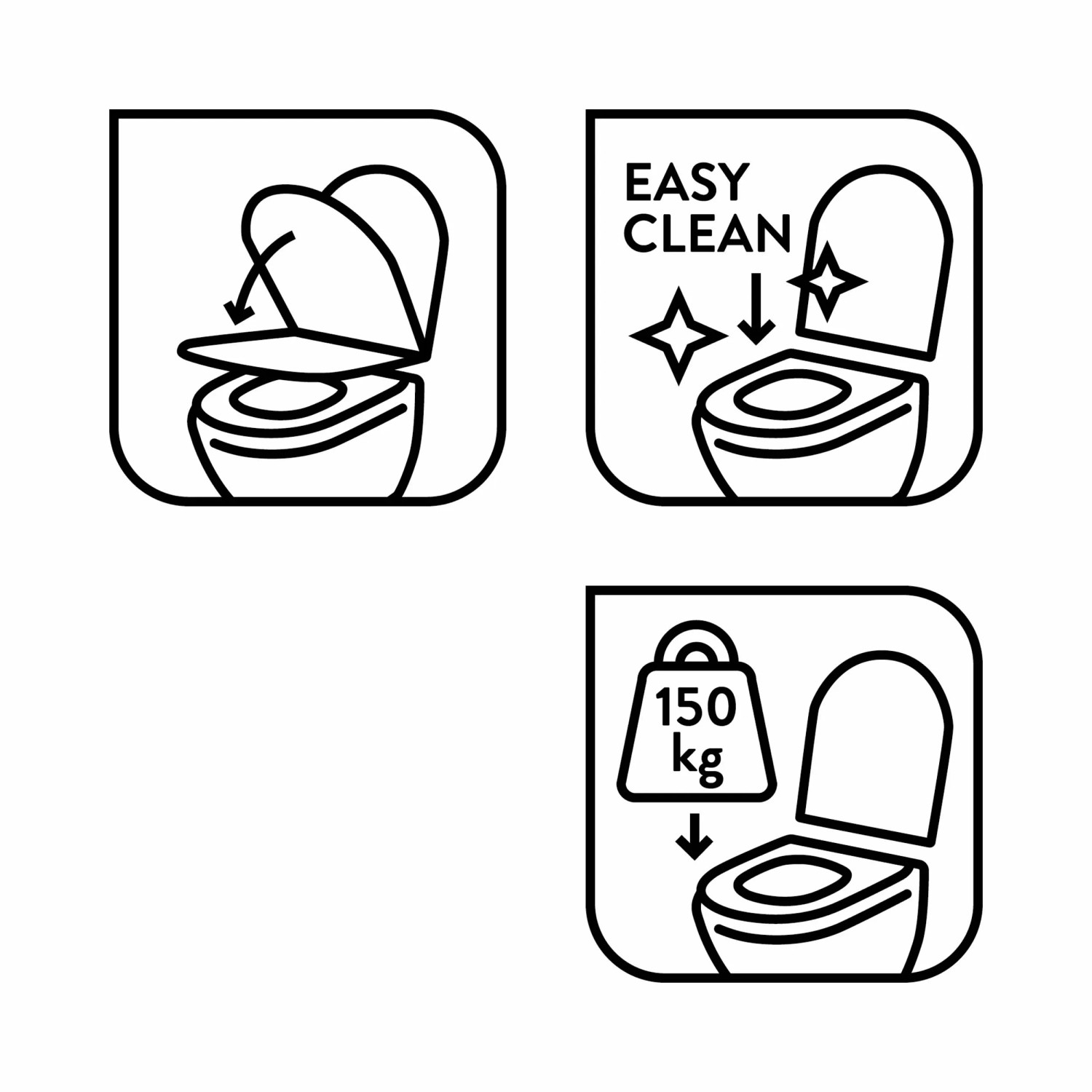 Icons: WC-Sitz mit Absenkautomatik, Easy Clean und Belastbarkeit bis 150 kg.
