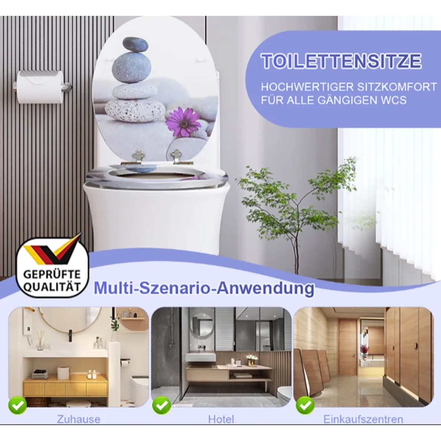 Sinobath WC-Sitz Oval mit Zen Wellness Motiv (Steine, Blume), Softclosing. Robust, leicht zu reinigen, für Zuhause & Hotel.