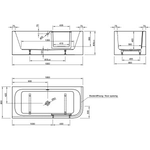 Technische Zeichnung des Ottofond Whirlpool Free-Gate 180x80 cm, Maße und Details für Installation.
