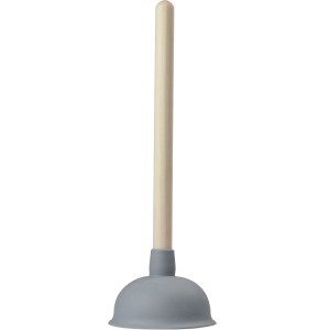 Grauer Pömpel (Ø 140 mm) mit Holzgriff zur Beseitigung von Rohrverstopfungen.