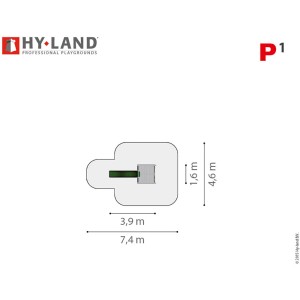 Draufsicht Hy-Land Spielgerät P1 mit Rutsche, Maße: 7,4 x 4,6 m, Kiefernholz.