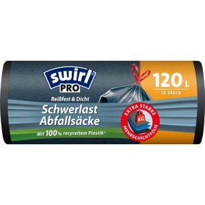 Schwarze Verpackung Swirl Profi Schwerlast-Abfallsäcke 120L, 12 St. Mit Zugband, reißfest & tropfsicher.