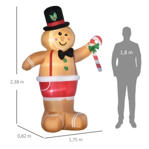 Outsunny aufblasbarer Lebkuchenmann 2,38 m mit Zylinder, Zuckerstange und leuchtenden LED-Lichtern für Weihnachtsdekoration.