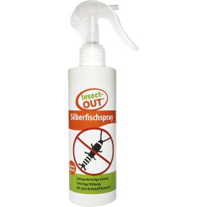 Insect Out Silberfischspray in weißer Sprühflasche mit roter Aufschrift und Silberfisch-Symbol.