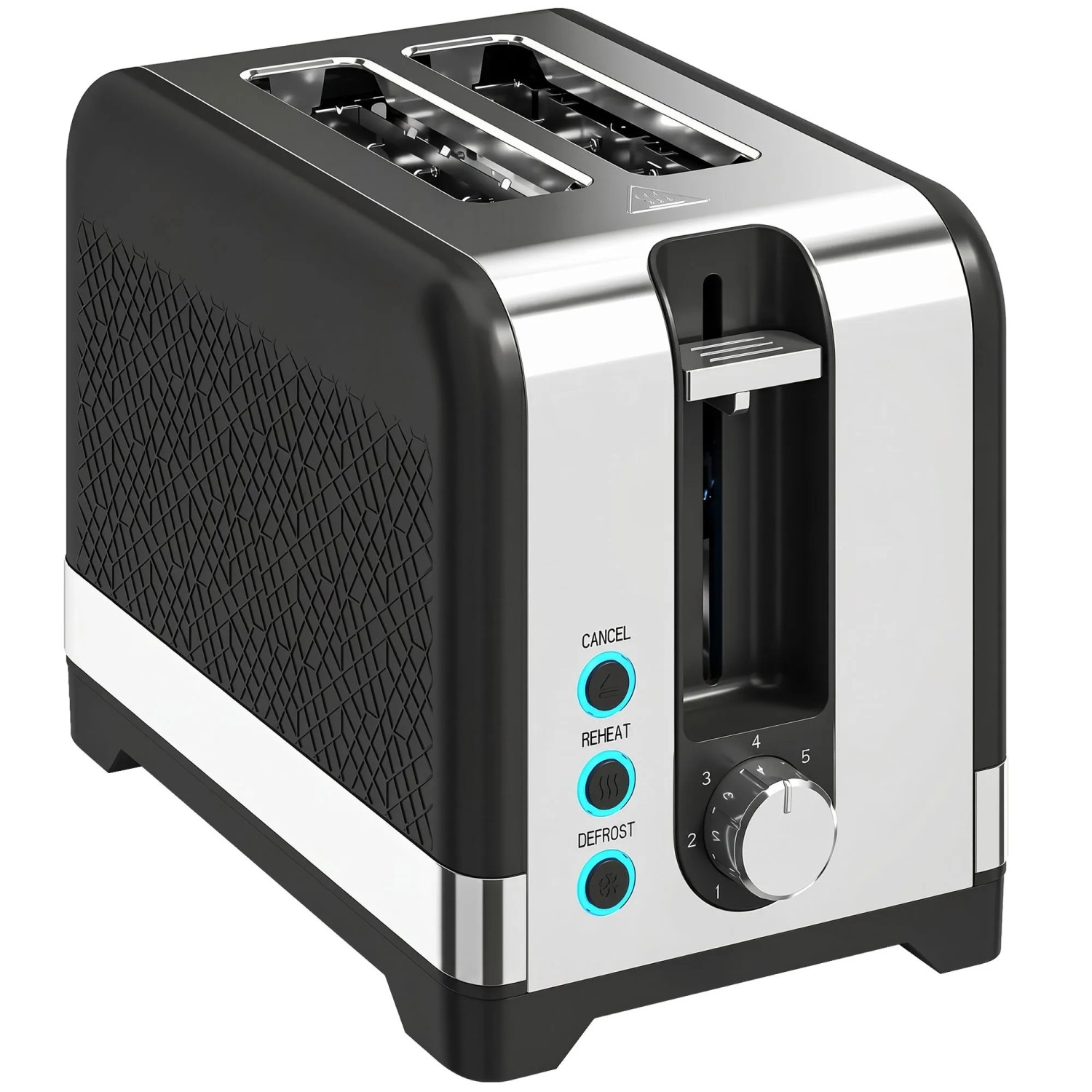 HOMCOM Toaster in Schwarz-Silber mit zwei Schlitzen, Bedienfeld, Bräunungsstufen und Funktionen für Auftauen/Aufwärmen.