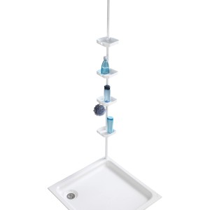 Wenko Teleskop-Regal Funky, weißes Stahl-Regal mit vier Ablagekörben für Badutensilien in Dusche oder Bad.
