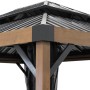 Detailansicht des Sojag Pavillon Fontana mit Holzoptik und Stahldach.