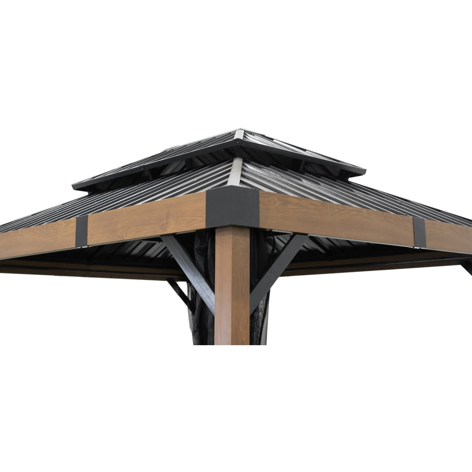 Detailansicht des Sojag Pavillon Fontana mit Holzoptik und Stahldach.