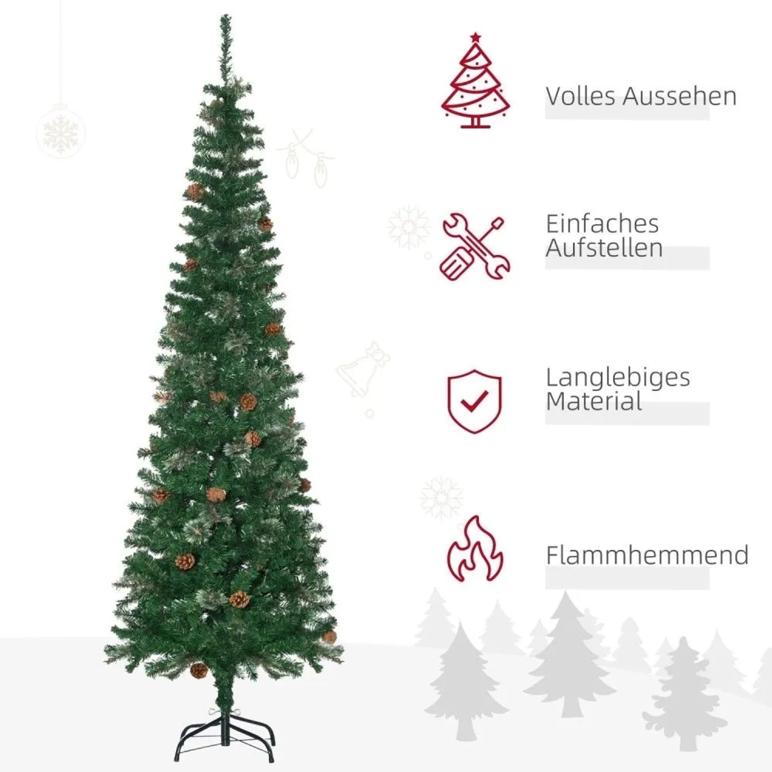 Grüner, schlanker HOMCOM Weihnachtsbaum aus Kunststoff mit Tannenzapfen und stabilem Metallständer, 195 cm hoch.