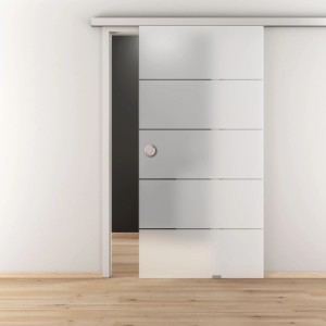 Novadoors Glasschiebetür Nova 503 satiniert mit dekorativen Siebdruckstreifen, lichtdurchlässig für Privatsphäre.
