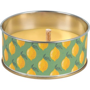 Hellgelbe Citronella Cup Kerze (H 4,5 cm) zur Mückenabwehr, mit Zitronenmuster.