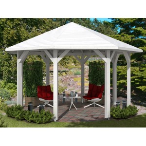 Weißer Skan Holz Pavillon Nice 2 aus Leimholz, 484x484 cm, mit Massivholzdach im Garten.