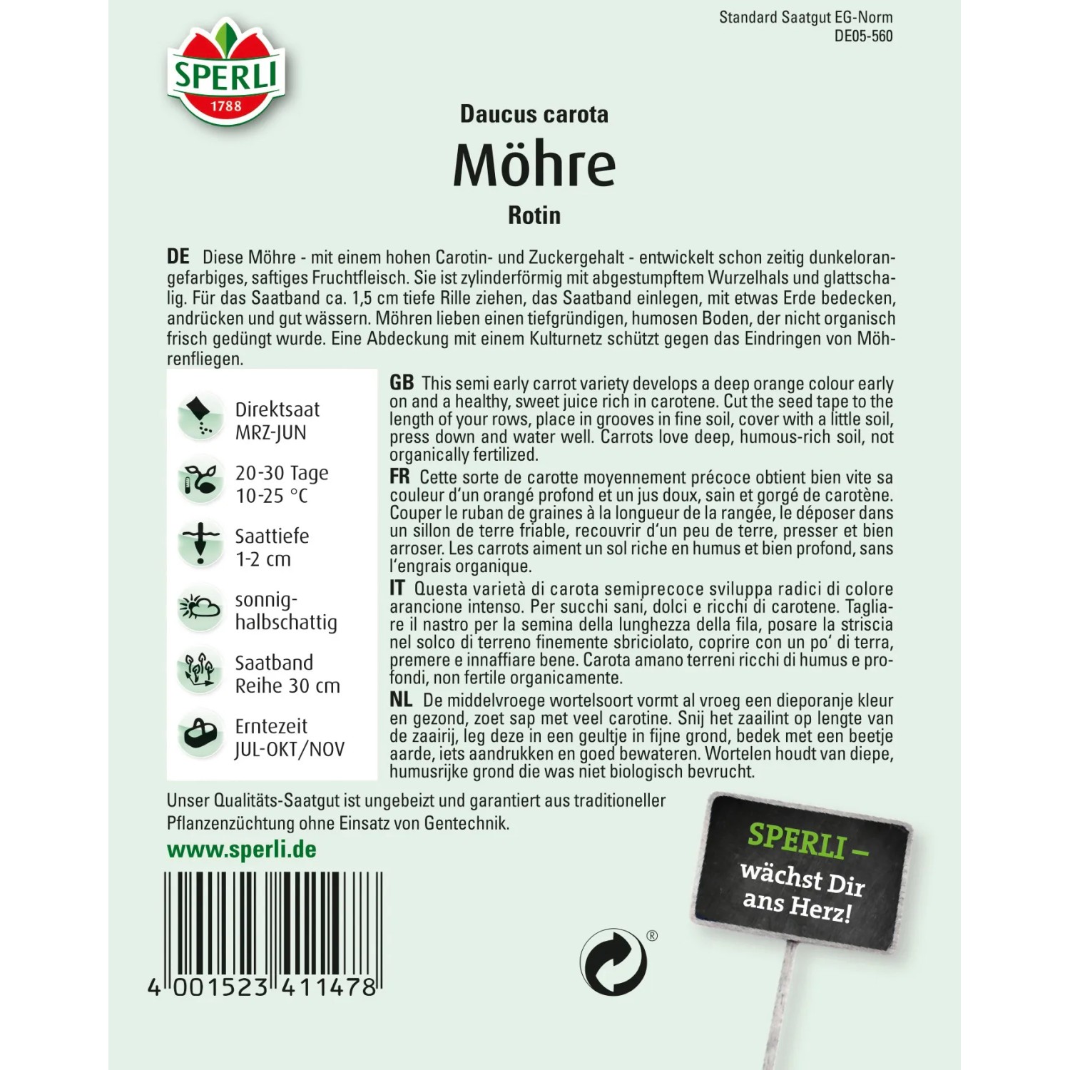 Sperli Möhren Saatband Rotin: Saatgutpackung mit Produktdetails und Logo.