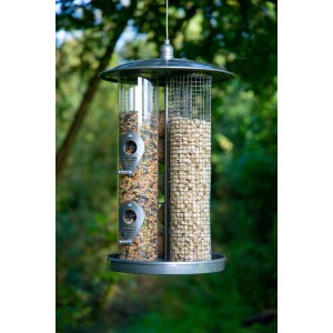 Großer, silberner Dobar Multifunktions-Futterspender mit 3 Säulen für verschiedene Futtersorten.