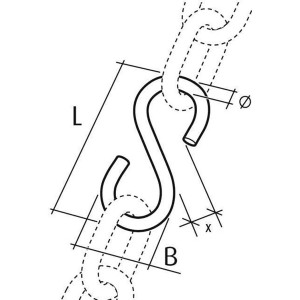 Technische Zeichnung eines S-Haken Stahl, 6 mm Durchmesser, 55 mm Länge, aus der Kategorie Edelstahl-Beschläge.