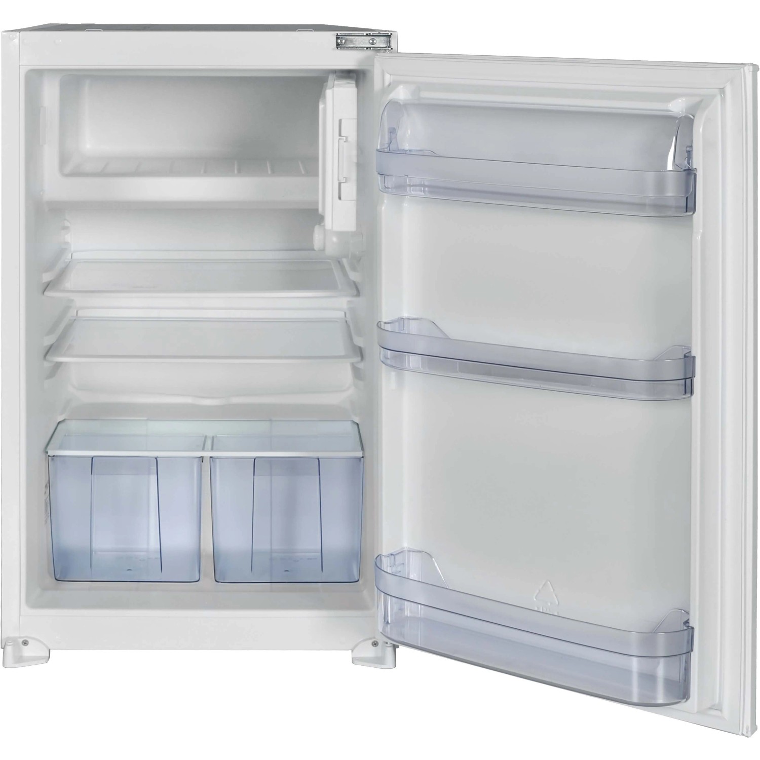 Innenansicht: Weißer Einbaukühlschrank mit geöffneter Tür, Regalböden und Türfächern.