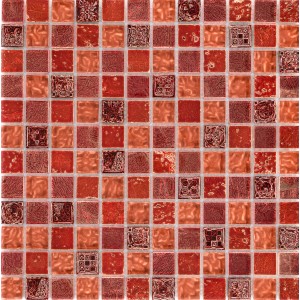Mosaikfliese Maya Red aus Glas und Stein, 30x30 cm, für Küche und Bad.