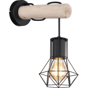 Moderne Globo Wandlampe mit Holz und schwarzem Metallgeflecht. Dekorative Wandleuchte für Innenräume.