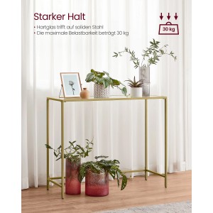 Goldener Vasagle Konsolentisch mit Hartglasplatte, ideal als Nachttisch oder Beistelltisch.