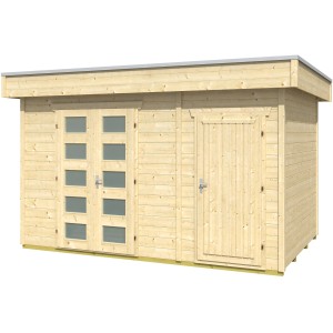 Skan Holz Gartenhaus Venlo 3 Natur, 380x250 cm, mit Doppeltür und Einzeltür. Holz-Gartenhaus mit Flachdach.