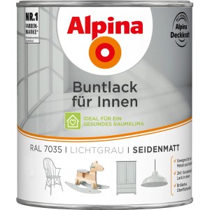 Dose Alpina Buntlack für Innen, Lichtgrau seidenmatt. Lack für Holz, Metall und Kunststoff.