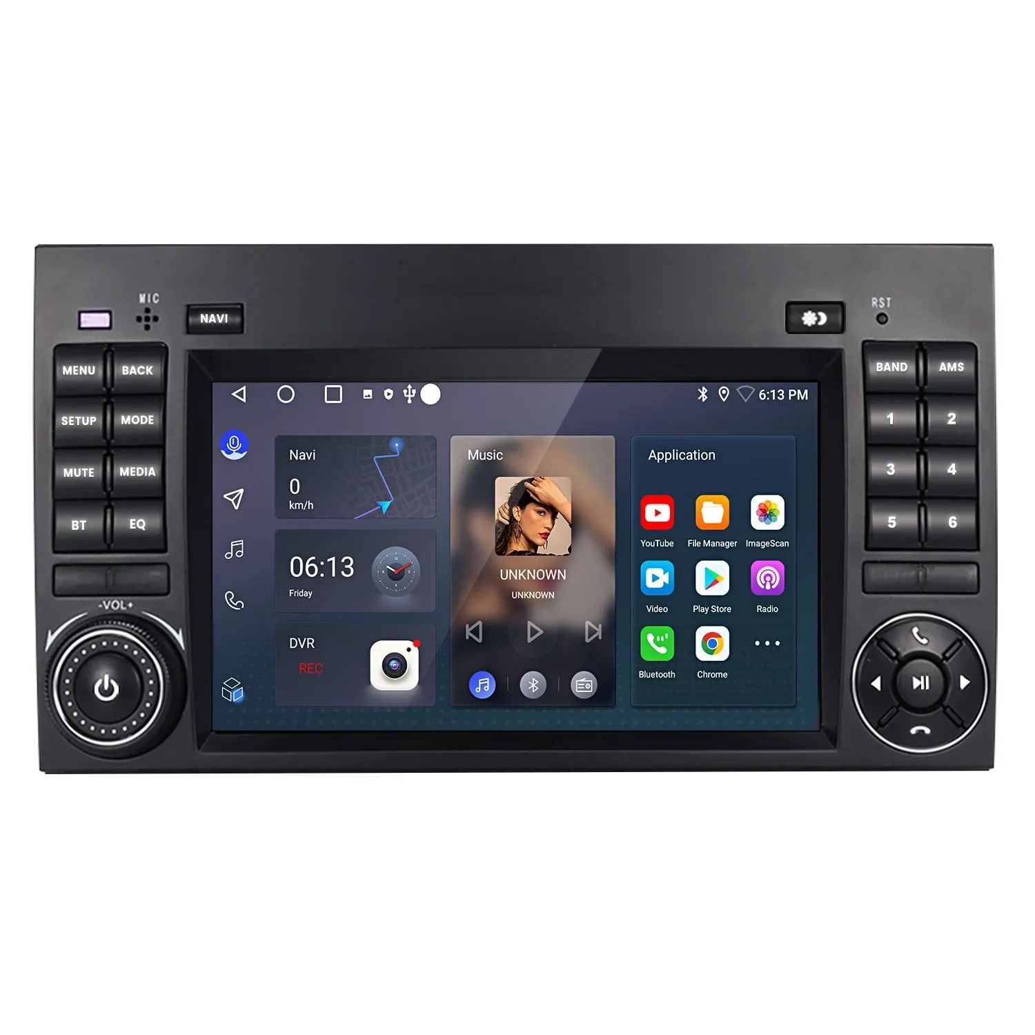 Junsun Autoradio für Mercedes-Benz mit großem Touchscreen, Android 14, Navigation, CarPlay und seitlichen Tasten.