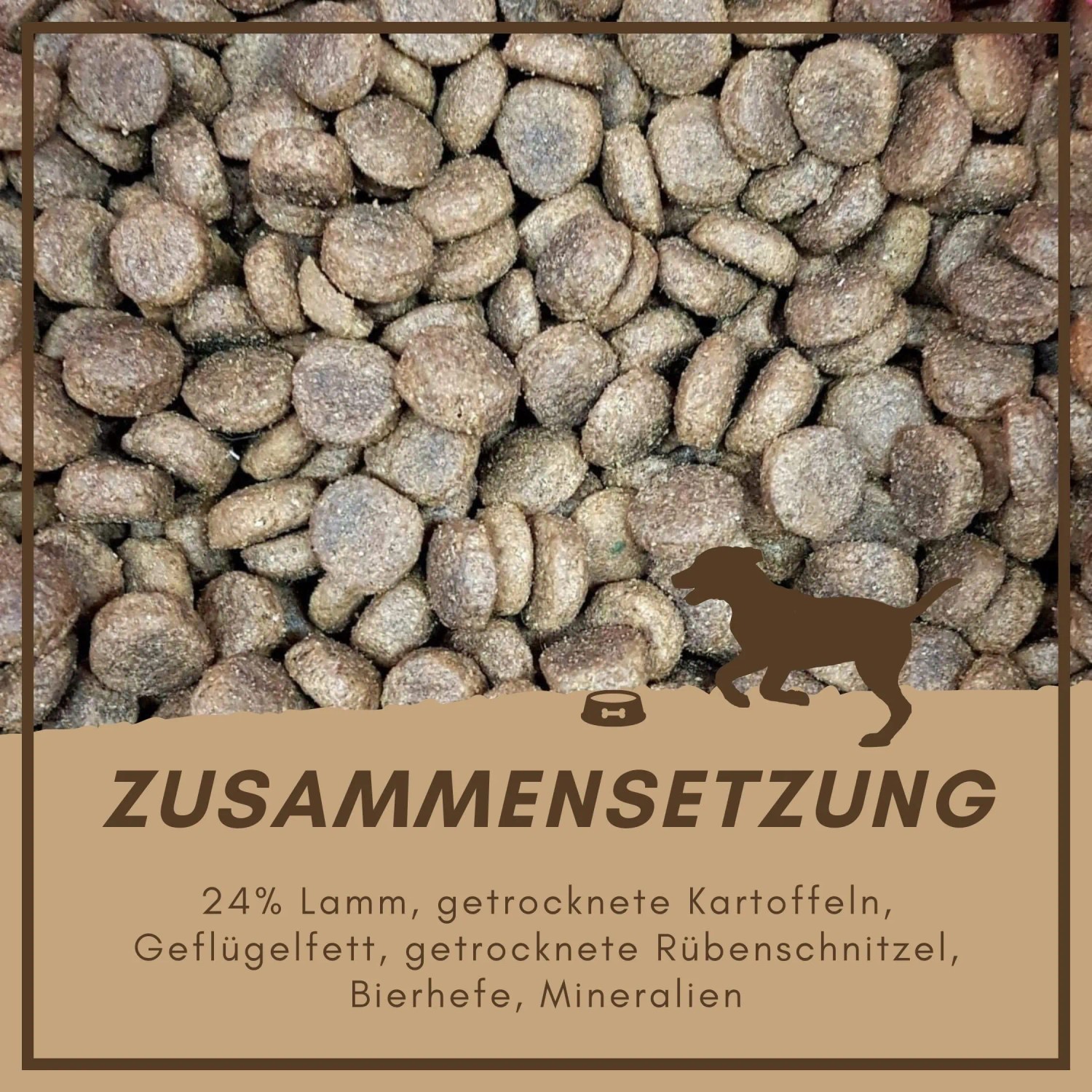 Supravit Hundetrockenfutter Lamm & Kartoffeln. Braune Kroketten, Zusammensetzung mit Lamm, Kartoffeln. Ideal für sensible Hunde.
