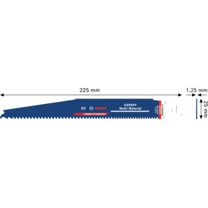 Blaues Bosch Säbelsägeblatt Expert Multi Material S1159XHM, 225 mm lang, für widerstandsfähige Baustoffe.