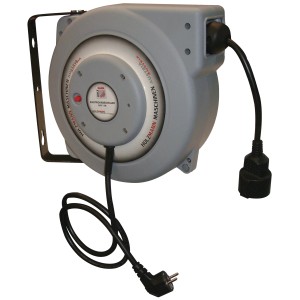 Holzmann Elektrokabel-Aufroller EKR15M mit Wandhalterung, grauem Gehäuse und schwarzem Kabel.