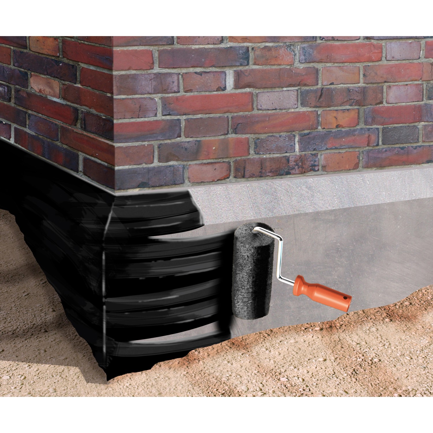 Auftragen von MEM Isolieranstrich (10 l) auf Mauerwerk mit Farbrolle. Bitumenflüssigprodukt für Abdichtung.