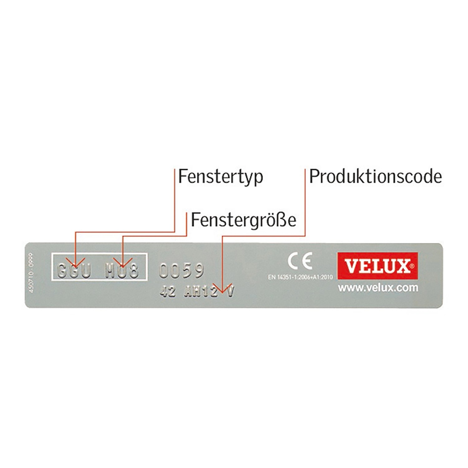 Typenschild eines Velux Dachfensters zur Bestimmung von Fenstertyp und -größe.