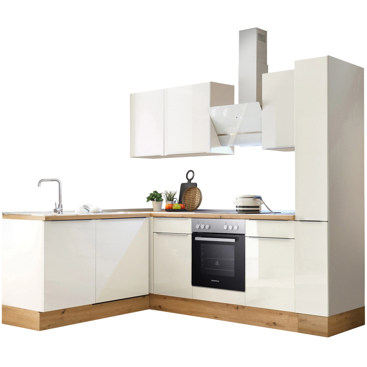 Respekta Winkelküche Marleen 250 cm in Artisan-Eiche und Weiß mit E-Geräten.