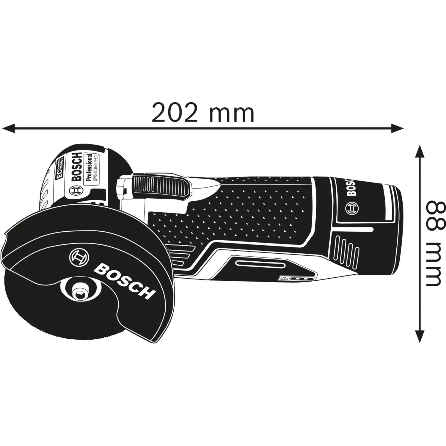 Bosch GWS 12V-76 Akku-Winkelschleifer mit Maßangaben (202 x 88 mm).