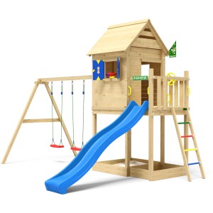 Jungle Gym Spielturm Holz Hideout mit Dach 2 Schaukeln Fensterl. Rutsche Blau