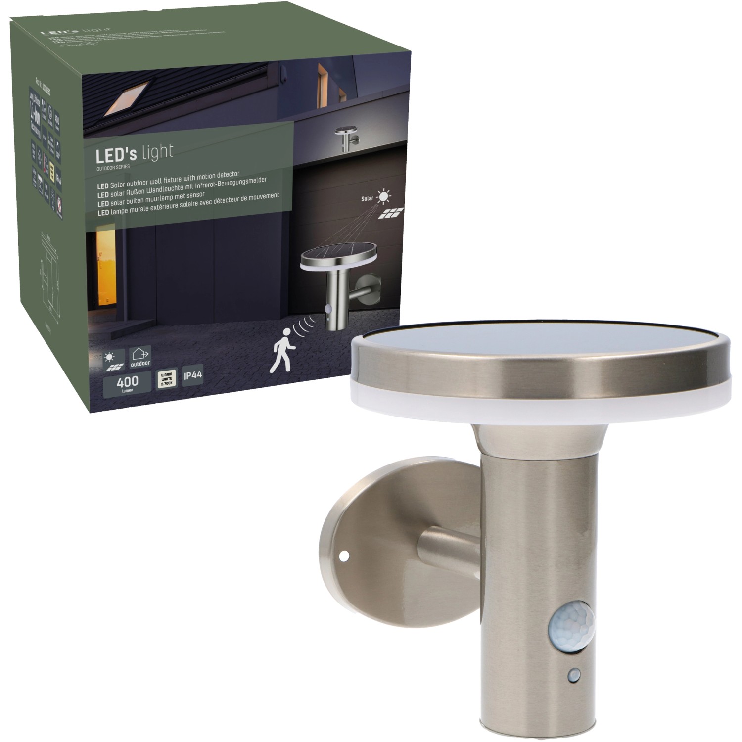 Solar-Wandleuchte Sevilla aus rostfreiem Stahl mit Sensor und 600 Lumen Helligkeit.