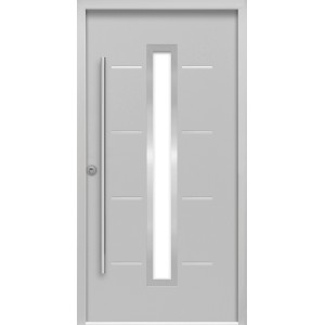 Graue Sicherheits-Haustür ThermoSpace Milano Prime RC2, 110x210 cm, mit Glasausschnitt und Edelstahlgriff.