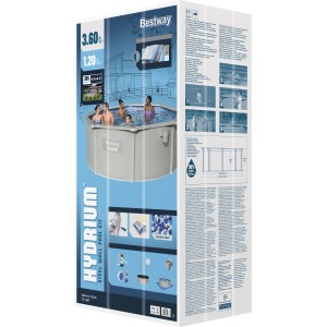 Verpackung des Bestway Hydrium Stahlwandpool Komplett-Sets Ø 360x120 cm, inkl. Zubehör.