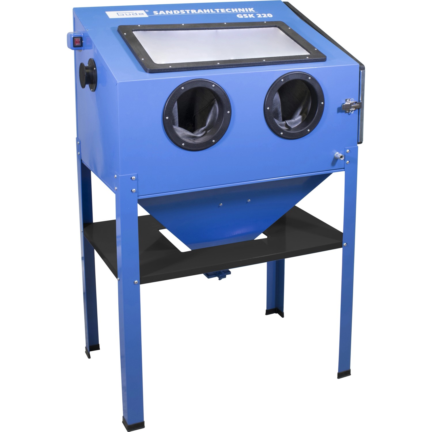 Güde Sandstrahlkabine GSK 220: Blaue Strahlkabine mit Handschuhen und Sichtfenster.