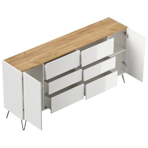 Posseik Sideboard Industrial R, weiß/Eiche, 200 cm, mit 6 Schubladen und 2 Türen.