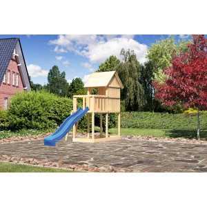 Karibu Kinderspielhaus Frieda Set mit Anbau und blauer Rutsche aus naturbelassener Fichte.