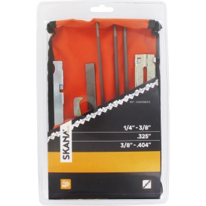 Skana Schärf-Set für Sägeketten, Universal: Feilen, Halter, Tiefenbegrenzerlehre und Schwertnutreiniger im Set.
