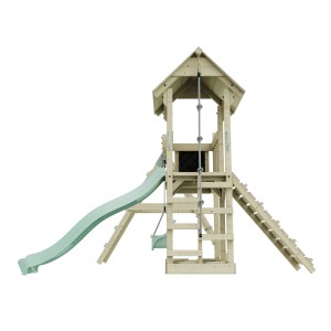 PolarPlay Babyschaukel Farö Mintgrün mit Rutsche und Kletterturm aus Holz.
