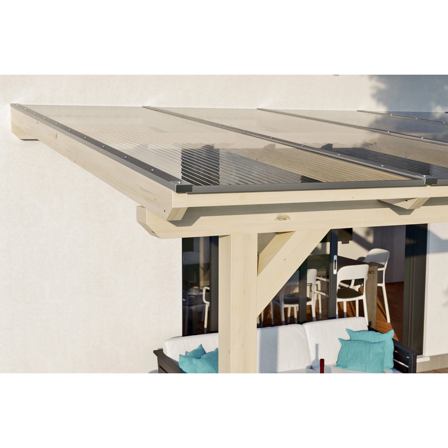 Skan Holz Terrassenüberdachung Andria aus Leimholz mit klarer Polycarbonat-Eindeckung.