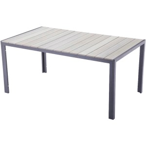Graue 5-teilige Sitzgruppe Olivia: Tisch mit Nonwood-Lattung und Aluminiumgestell.