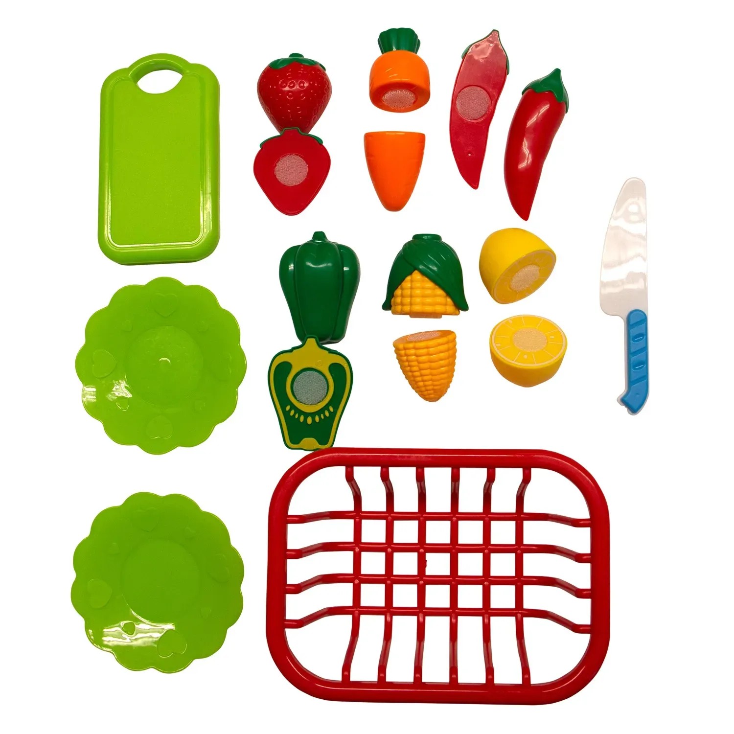 Spielzeug-Zubehör für Axi Sand- und Wassertisch: Obst, Gemüse, Geschirr und Messer.
