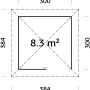 Grundriss Palmako Holz-Pavillon Bianca 8,3 m²: Maße 300x384 cm, unbehandeltes Holz.