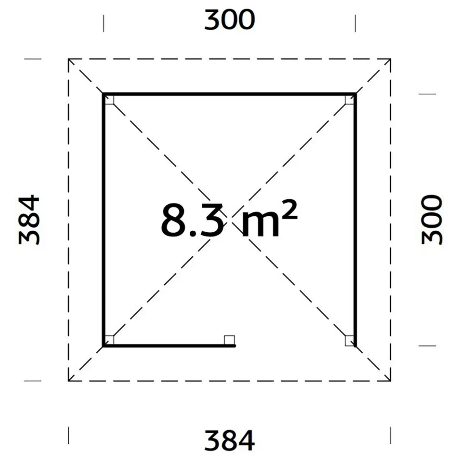 Grundriss Palmako Holz-Pavillon Bianca 8,3 m²: Maße 300x384 cm, unbehandeltes Holz.