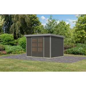 Karibu Gartenhaus Diego 4, terragrau/graualuminium, 209x298x213 cm, mit Doppeltür und Flachdach.