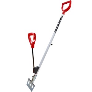 Weiße Krinner Snow Buddy Schneeschaufel 2-in-1 mit rotem Haupt- und Federgriff, integriertem Eiskratzer für Schnee und Eis.