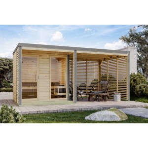 Karibu Saunahaus "Seros 2" mit Ofen 9 kW Extern Naturbelassen/Graualuminium